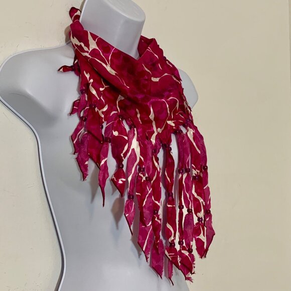 Unique Western Cowgirl Fuchsia Abstract Pattern Fringe Beaded Scarf Bandana - Picture 2 of 3